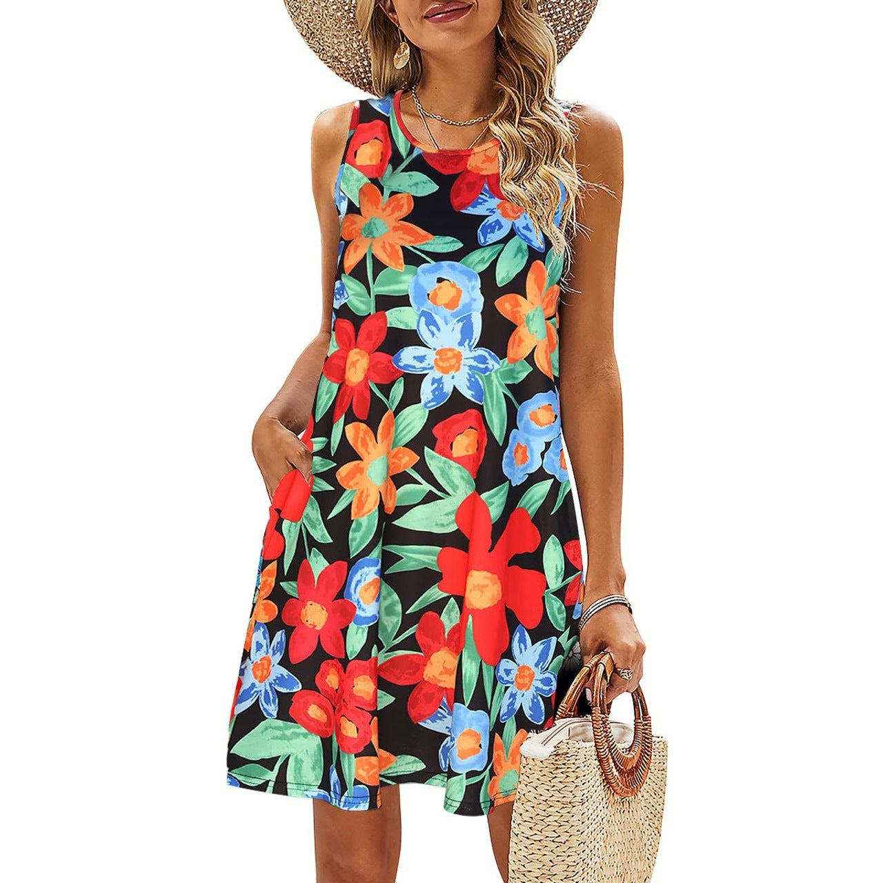Printed Vest Pocket Dress Women