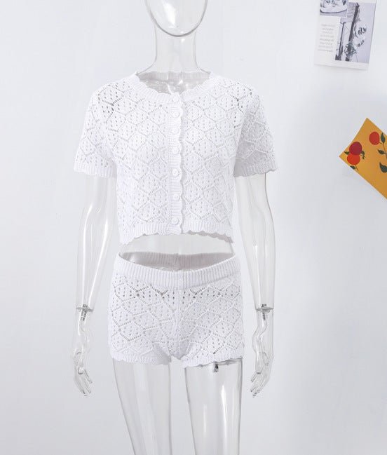 Spring And Summer New Comfort Casual Hollow-out Cropped Knitted Shorts Suit