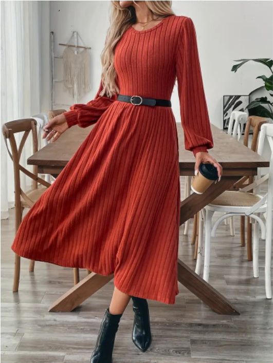 Elegant Maroon Ribbed Midi Dress For Women With Lantern Sleeves