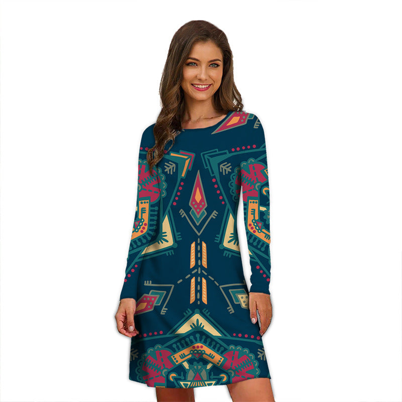 Round Neck Printed Temperament Slimming Small Long Sleeve Dress