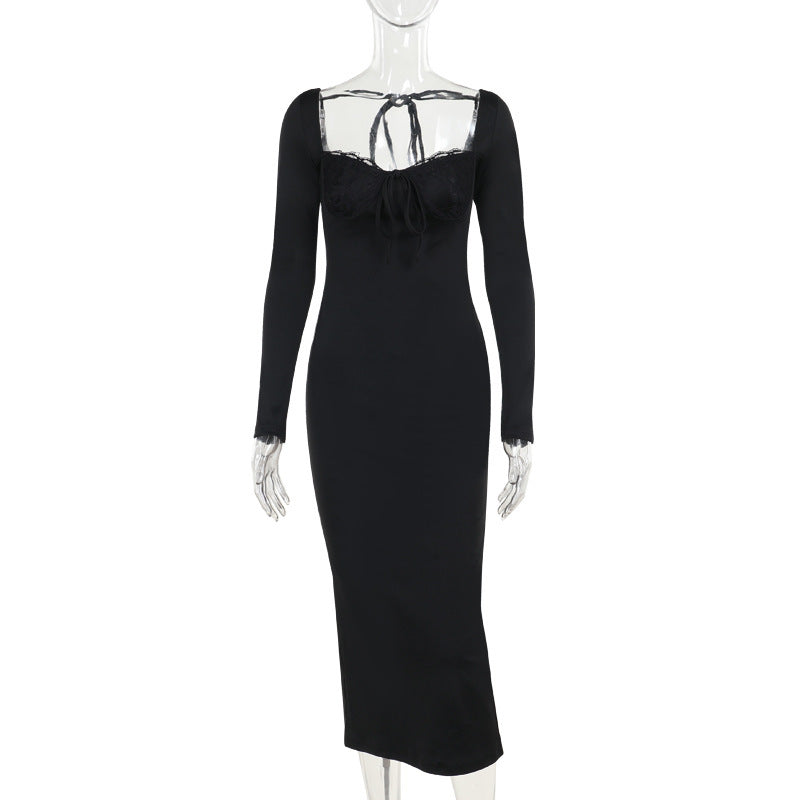 Lace Chest Back Long Sleeve Dress Vacation Style Fashion