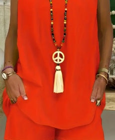 Solid Color Casual Shorts Suit, Ring Detail Cut-out Front Halter Top And Elasticated Waist Shorts