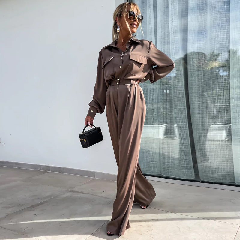 Long Sleeve Faux Pocket Shirt & Loose Trousers Two-piece Set