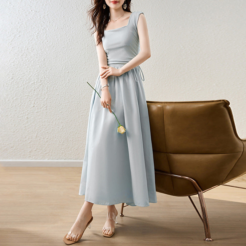 Summer Korean Style New Mori Sweet South Korea Dongdaemun Lady Square Collar Slimming Drawstring Design Vest Dress