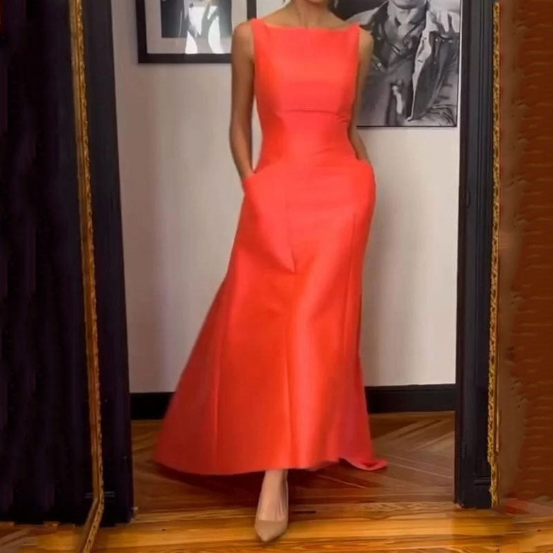 Fashionable Waistband Solid Color Dress