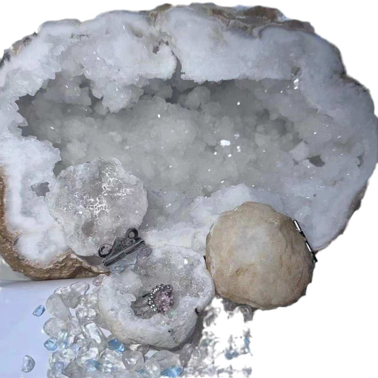 Natural Crystal Stone Bai Luo Ge Agate Crystal Hole Ring Box