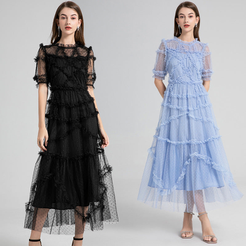 French Heavy Industry Retro Round Neck Short Sleeves Polka Dot Wooden Ear Swing Dress