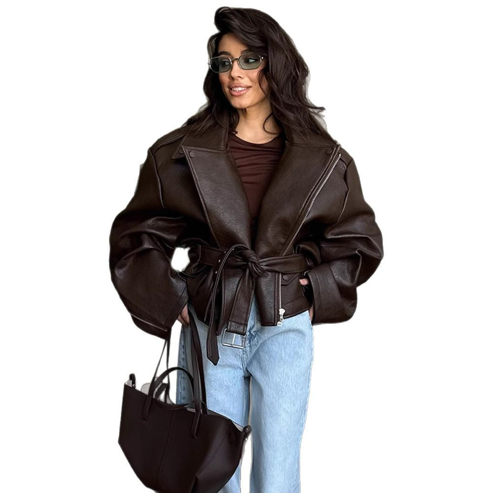 Lady Temperament Short Lace Up Leather Coat