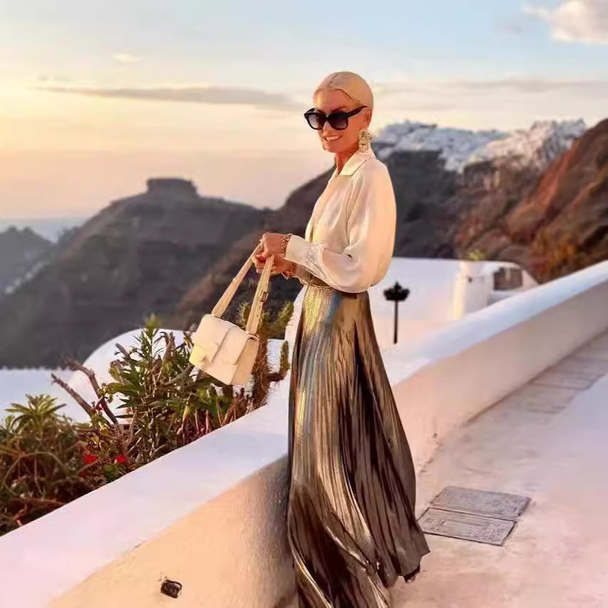 Satin Long Sleeve Shirt & Glossy Skirt Suit