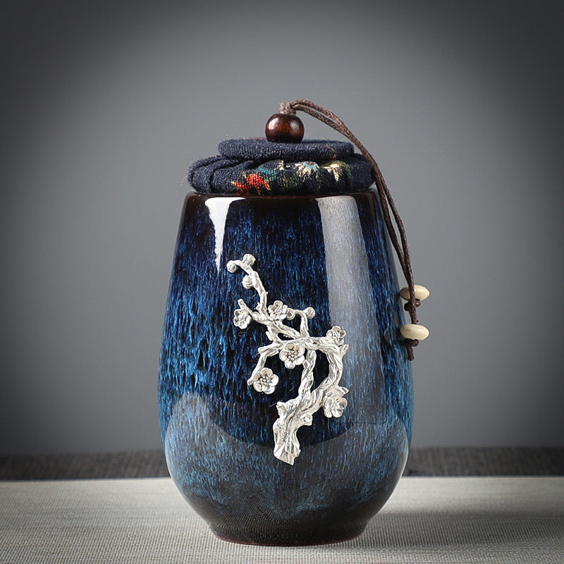 Ceramic Tea Sealed Jar With Inlaid Flowers