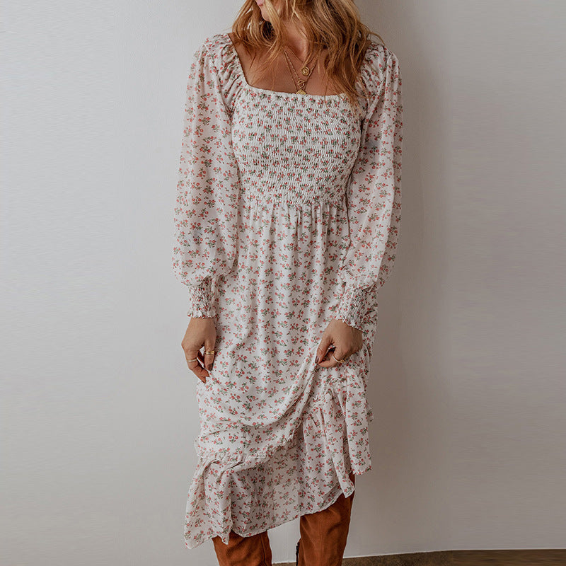 Temperament Small Floral Square Collar Dress