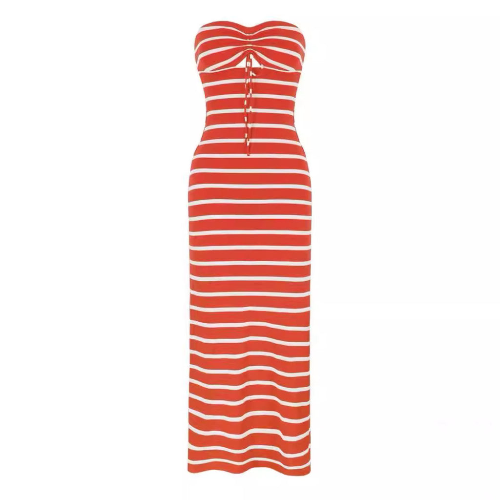 Striped Chest Wrap Hollow Sheath Pencil Dress