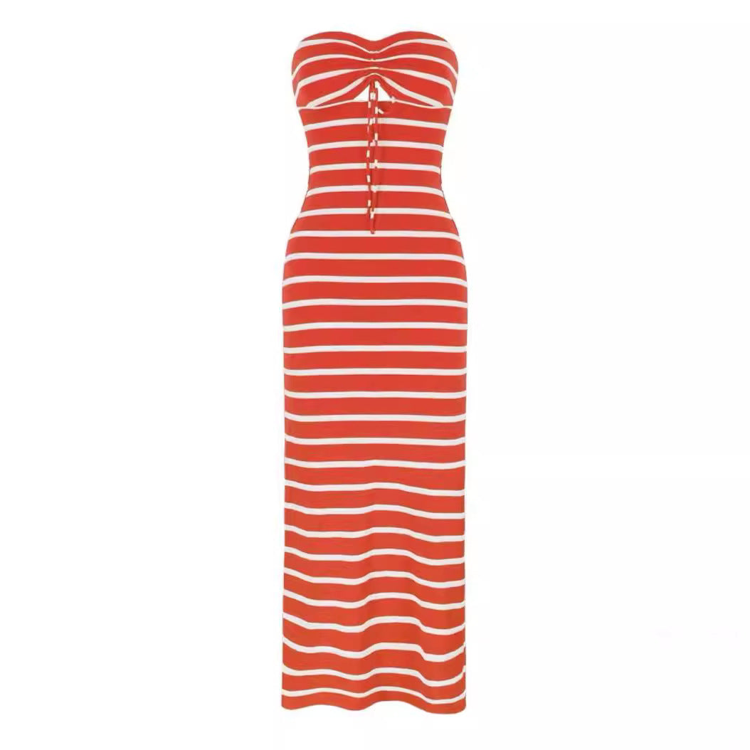 Striped Chest Wrap Hollow Sheath Pencil Dress