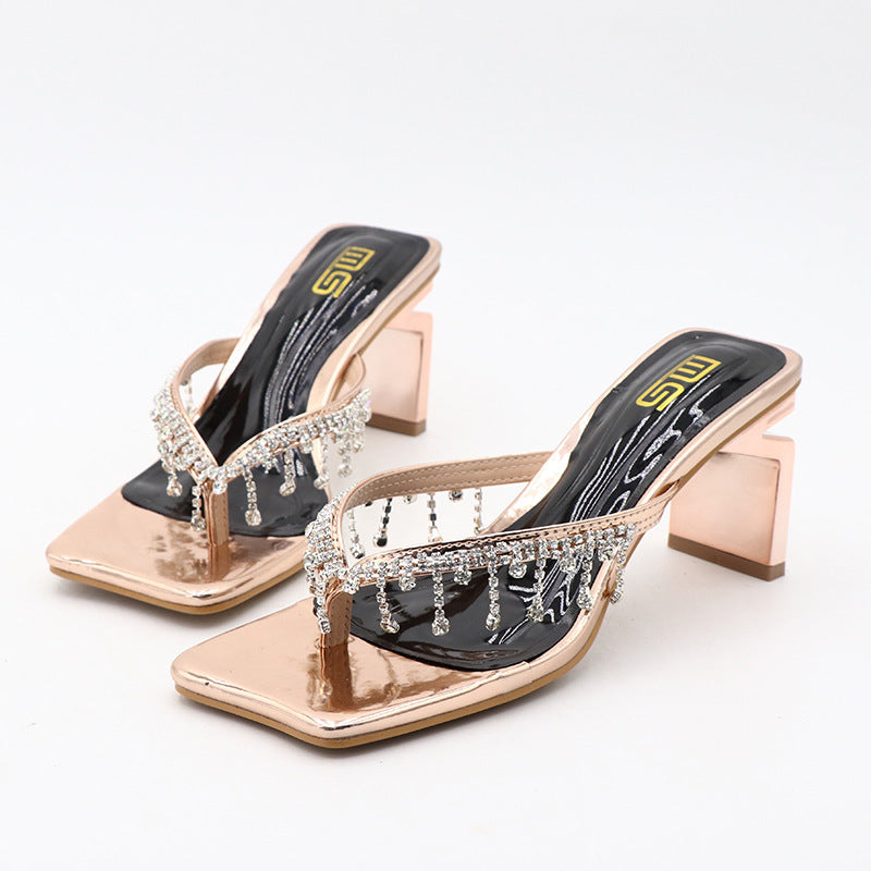 Square Toe Rhinestone High-heeled Outdoor Women's Fashionable Chunky Heel Plus Size Sandals