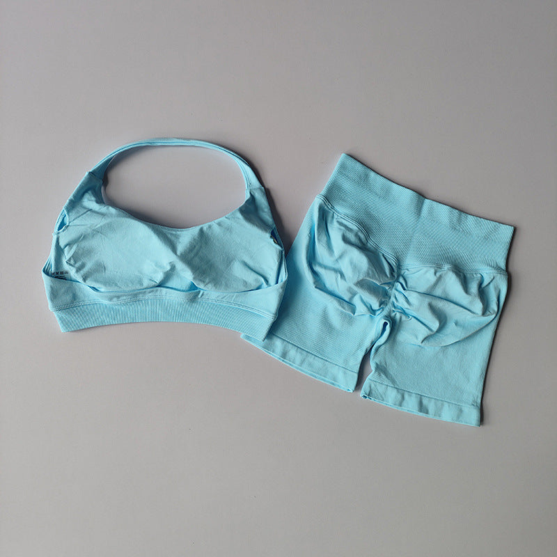 Halter Backless Bra High Waist Peach Sports Shorts Suit