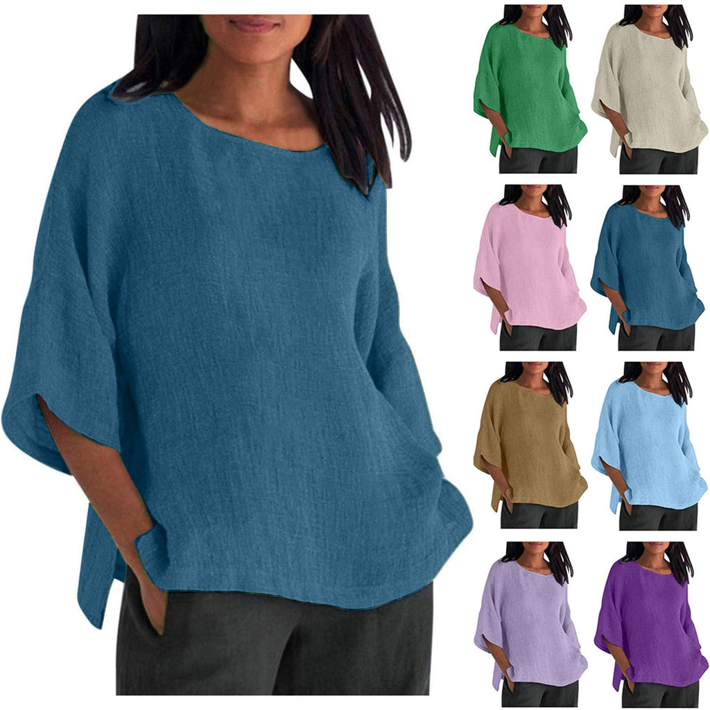 Women's Three-quarter Sleeve Round Neck Cotton And Linen Shirt Top