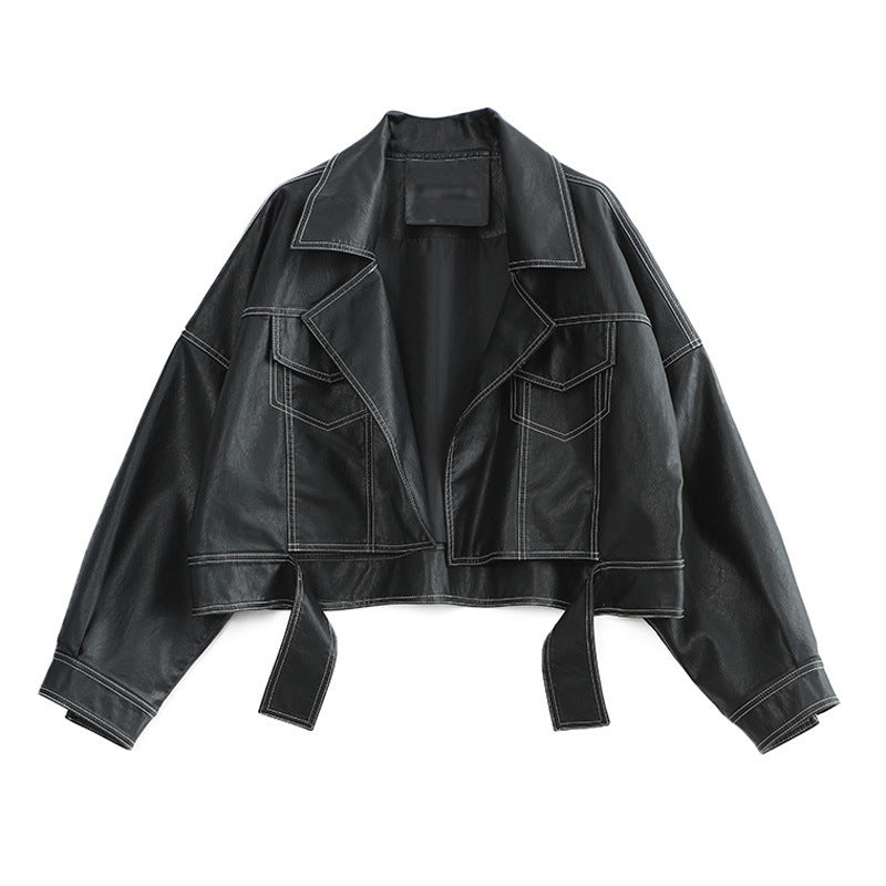 Lapel Topstitched Decorative Pu Motorcycle Jacket Women's Leather Jacket