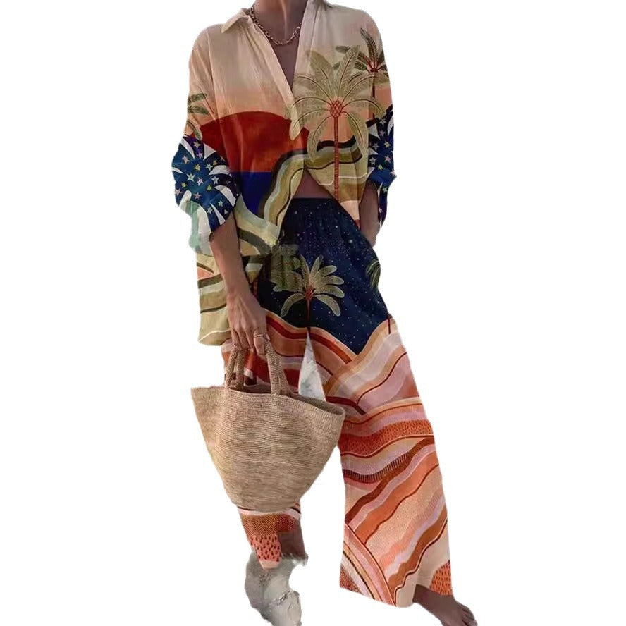 Women's Casual 3D Digital Printing Fashion Shirt And Trousers