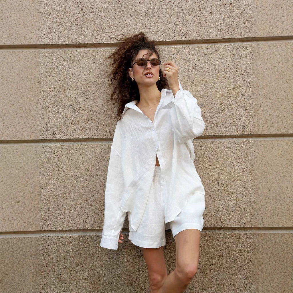 Long Sleeve Cardigan Shorts Suit Simple