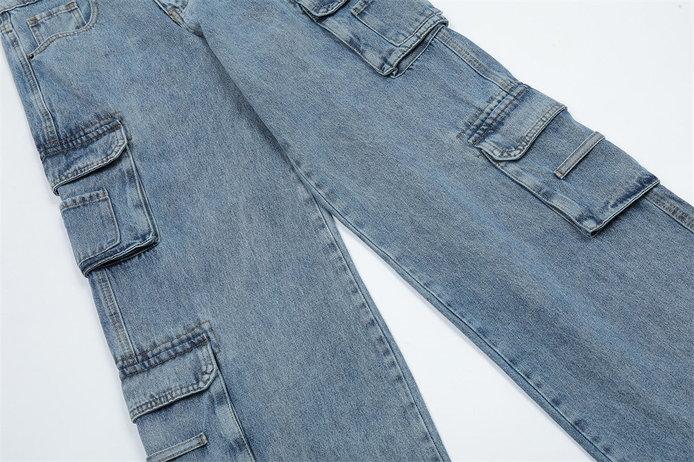 American Retro Multi-pocket Distressed Straight Cargo Pants Men