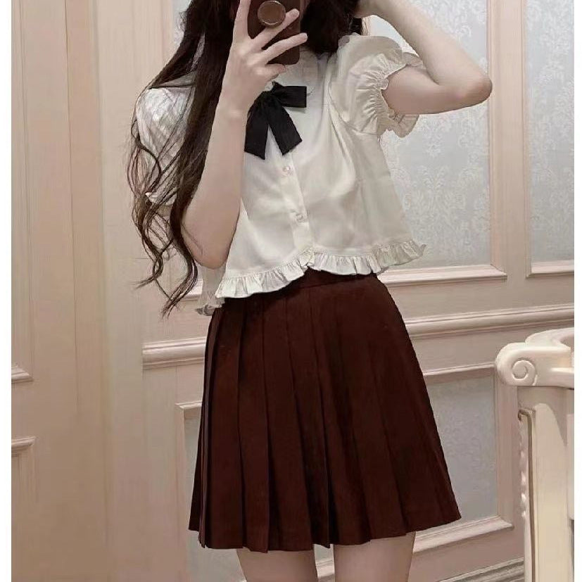 Women's Summer College Style Puff Sleeve White Short Sleeve Shirt