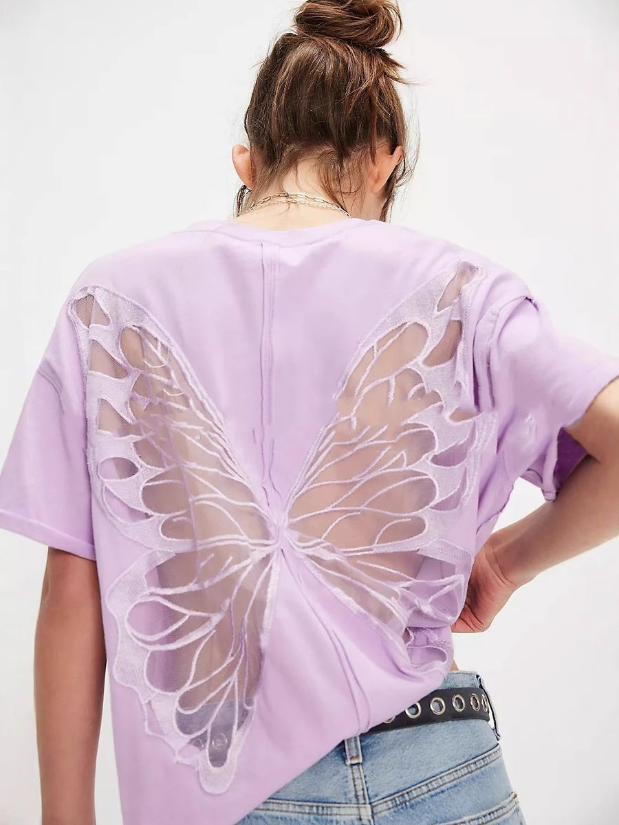 Street Hollow Butterfly Hot Girly Style Ins Loose Short Round Neck T-shirt