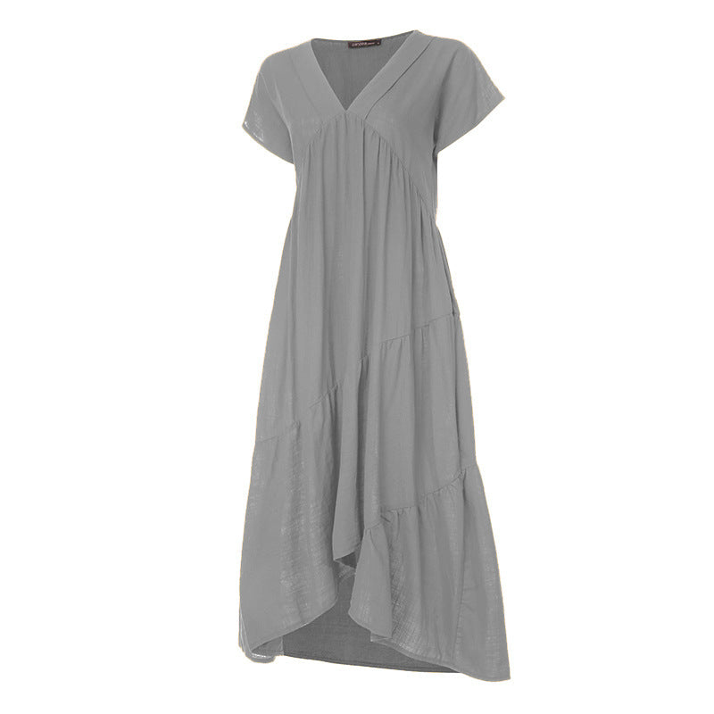Plus Size Multicolor Cotton Linen Loose V-neck Women's Dress