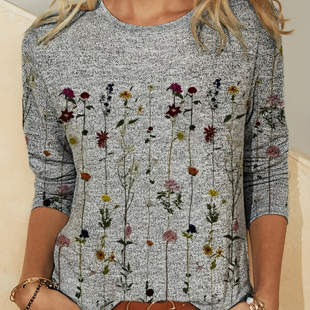 European And American Flower Plant Printed Round Neck Long Sleeve