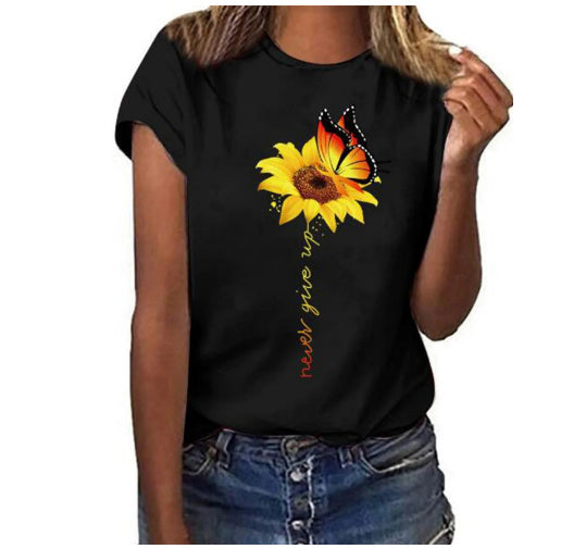 Pattern Round Neck T-shirt Leisure Short Sleeve