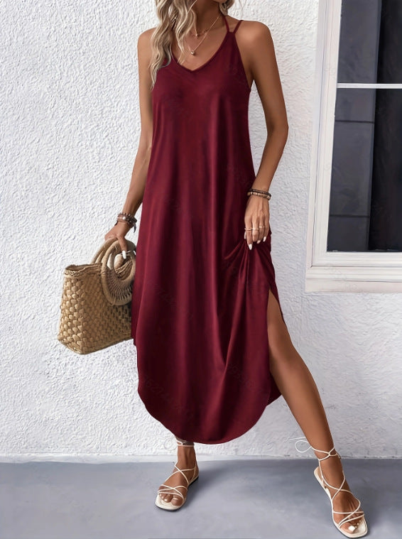 Summer Solid Color And V-neck Sling Backless Dress