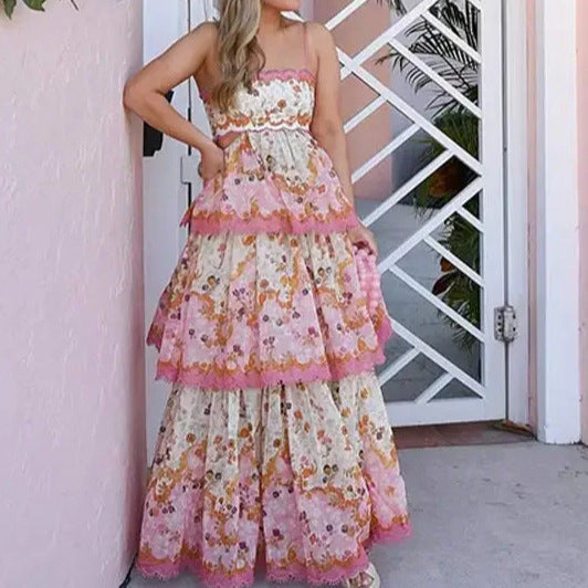 Ruffled Printed Sleeveless Backless Slip Dress