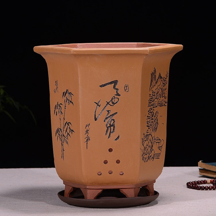 Fine Zisha Flowerpot Hand-carved Hexagonal