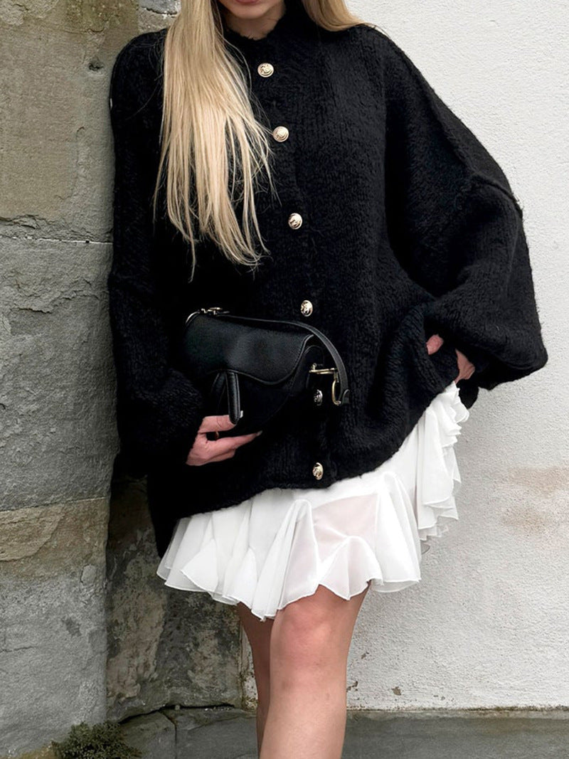 Autumn And Winter Solid Color British Style Vintage Button Cardigan Batwing Sleeve Sweater Coat