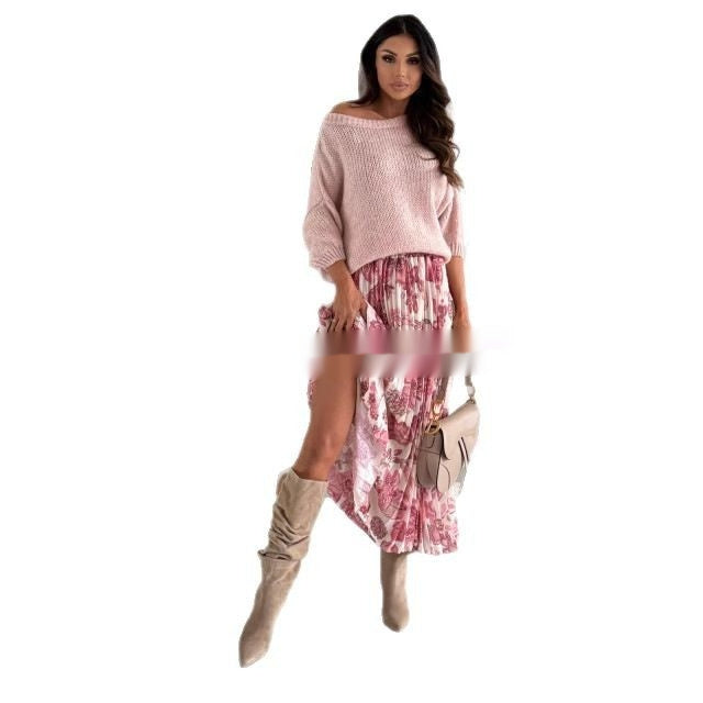 Elegant Short-sleeved Top Elastic Waist Draping Lady Printed Skirt