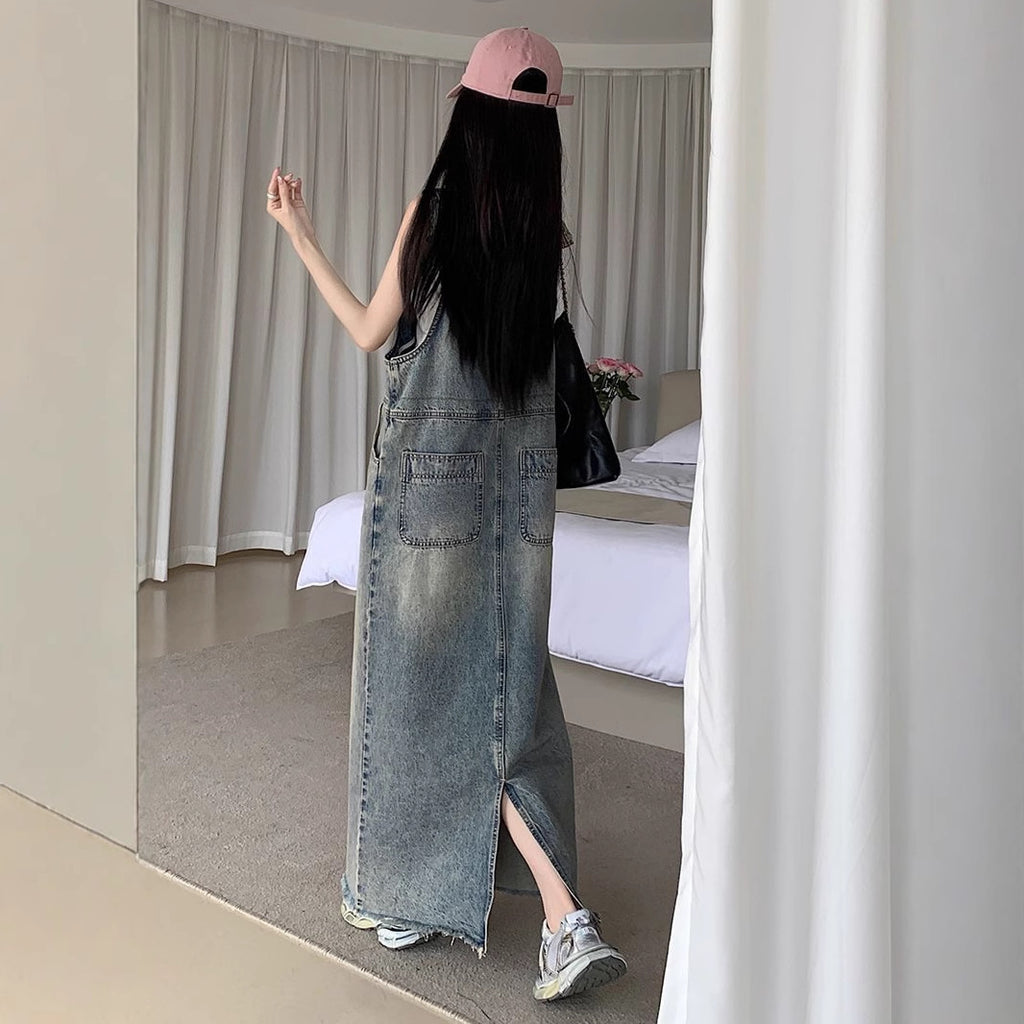 All-matching Retro Anti-aging Sleeveless Strap Dress Women's Spring And Summer Leisure Loose Slimming And Straight Denim Long Skirts
