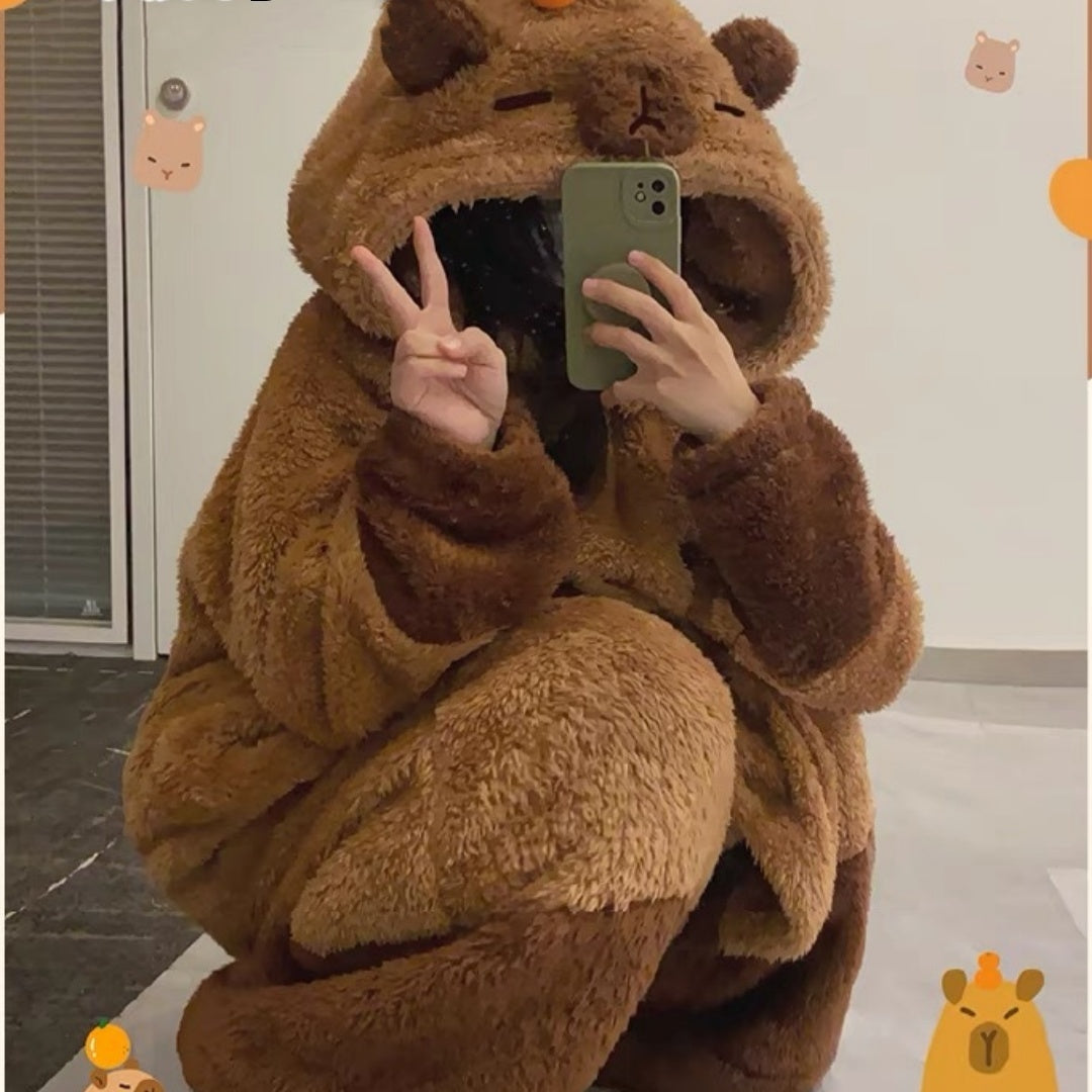 Capribala Dolphin Door Coral Fleece Thickened One-piece Pajamas Trousers Suit