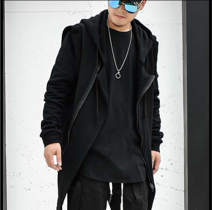 Dark Mid Length Windbreaker Men's Loose Hip Hop Cloak Sweater Hooded Coat