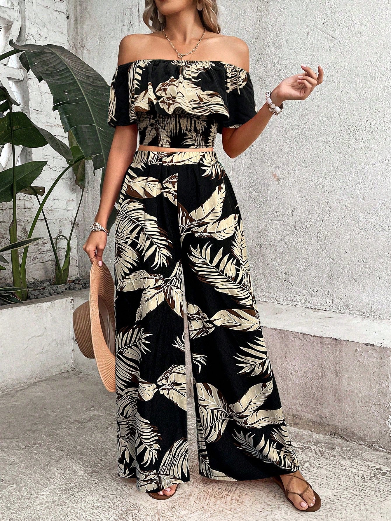 Ladies' Tropical Printed Off Shoulder Top With Lace Trim And Wide Leg Pants Set