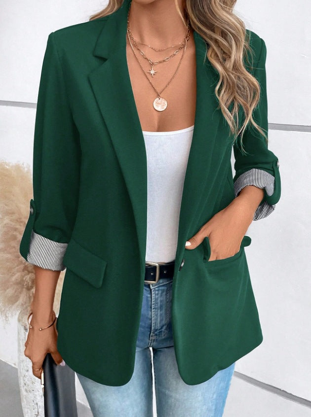 Casual Button Suit Slim-fit Cropped Roll-up Sleeve Suit Jacket For Women