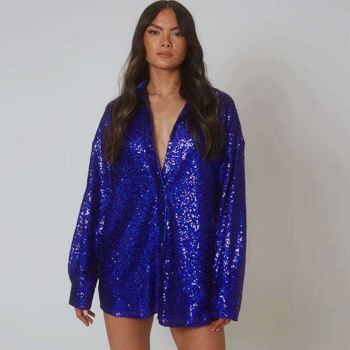 Elegant Sequin Lapel Long Sleeve Shirt Dress