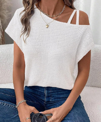 Women's Short-sleeved Solid Color Top Fashionable All-match Off-shoulder Knitted T-shirt