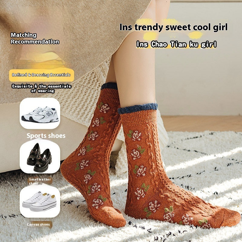 Vintage Small Flower Wool Socks Fleece Lined Padded Warm Keeping Tube Socks