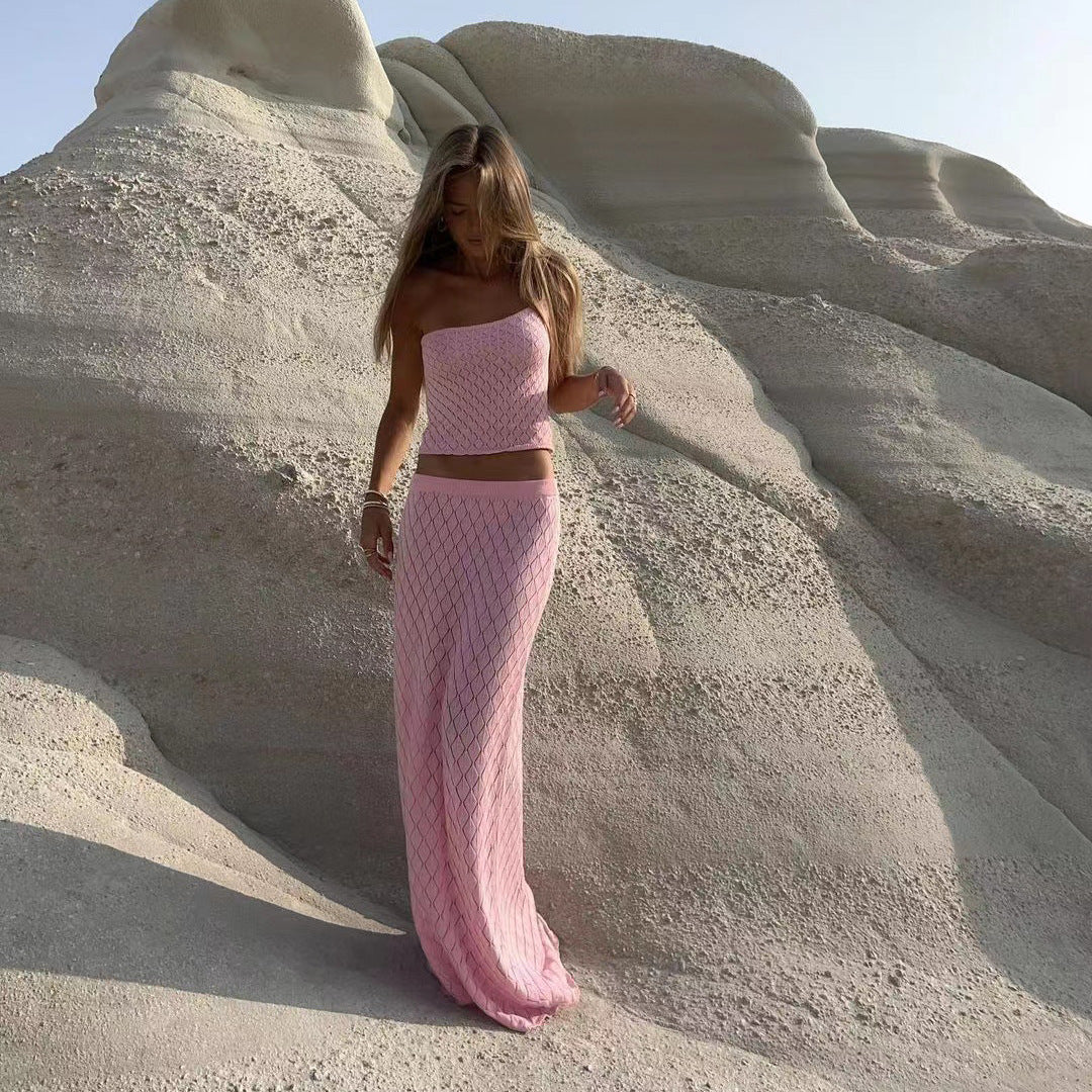 Women's Knitted Beach Short Show Belly Backless Camisole Long Skirt Two-piece Set