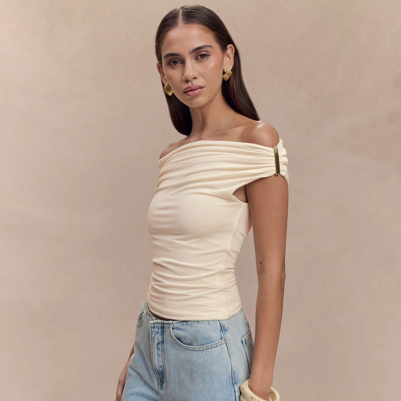 Women's Solid Color Pleated Off-shoulder Slim Off-shoulder Top