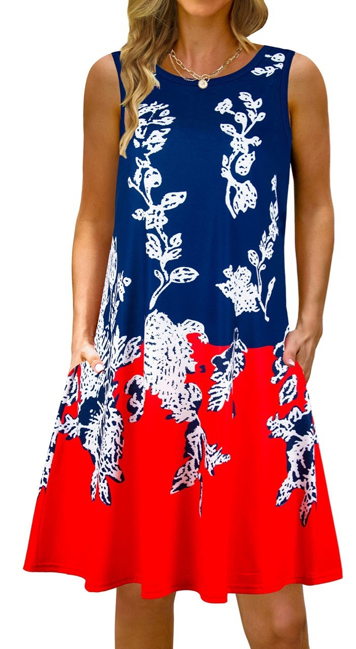 Printed Vest Pocket Dress Women
