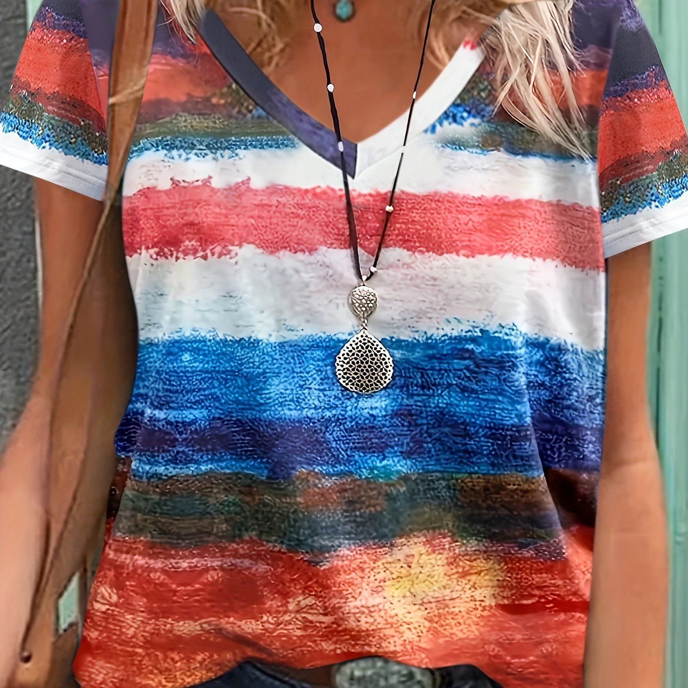 Casual Top Fashion Trend Stripes Short Sleeve Women V-neck