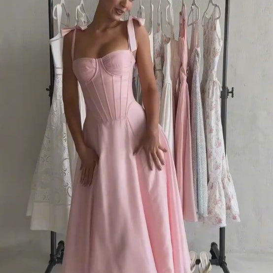 Women's Minimalist Bowknot With Fishbone Bandeau Sling Pleated Dress