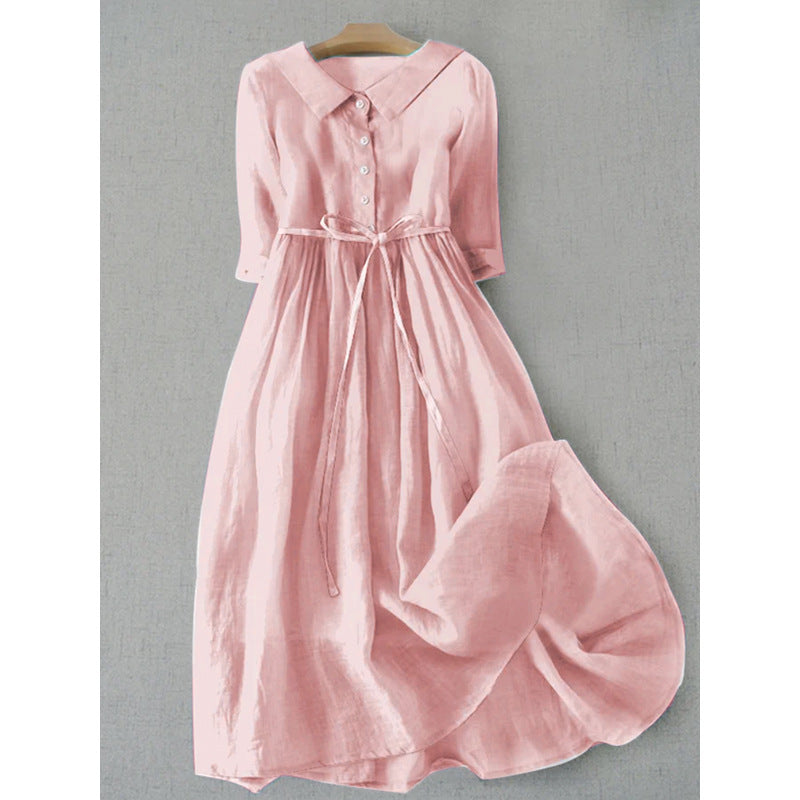 Women's French Retro Cotton And Linen Pleated Lace-up Skirt Dress