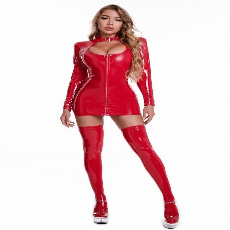 Women's Fashion Mirror Shiny Leather Long Sleeve Dress