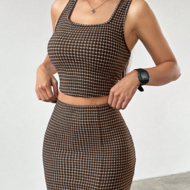 Women Plaid Square Collar Cropped Tank Top And Bodycon Mini Skirt Set
